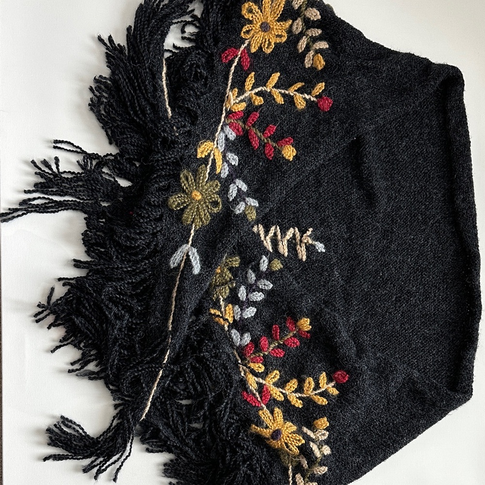 Embroidered Black Fringe Wrap